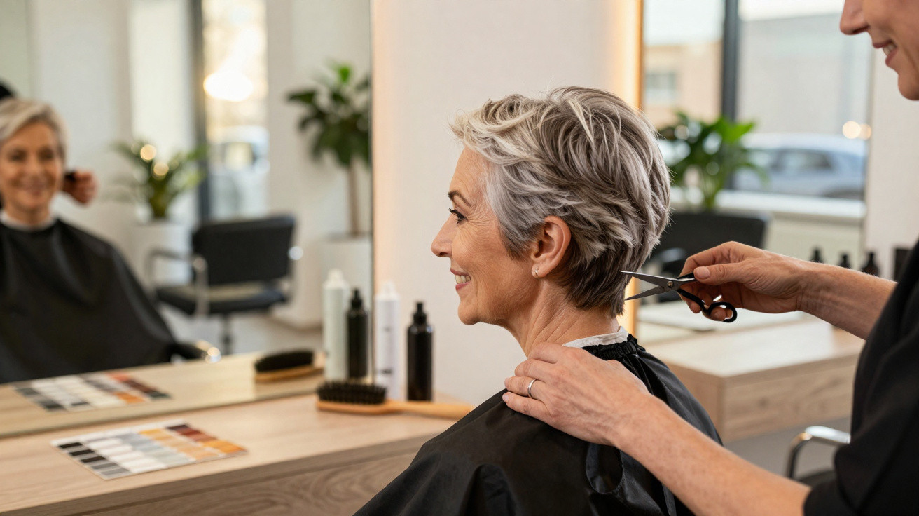 Fröhliche Frau bekommt im Friseursalon einen modernen Kurzhaarschnitt von einem Friseur.