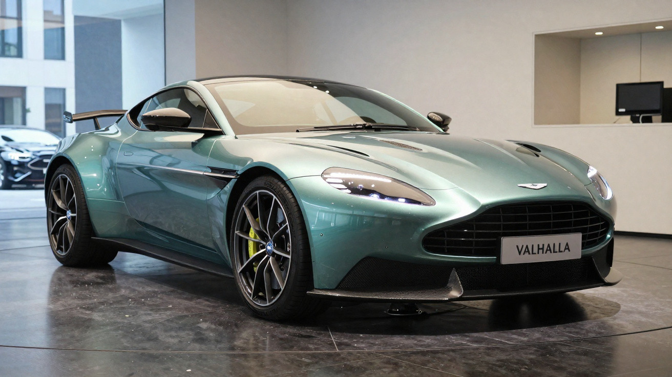 Sportlicher grüner Aston Martin Valhalla in modernem Showroom vor weißer Wand und Glasfenstern.
