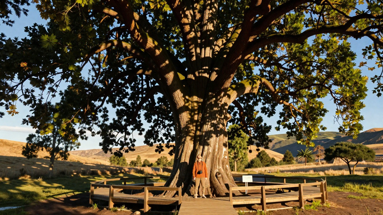 Mann steht vor riesigem Baum mit ausladendem Stamm und großer grüner Krone in sonniger Landschaft.
