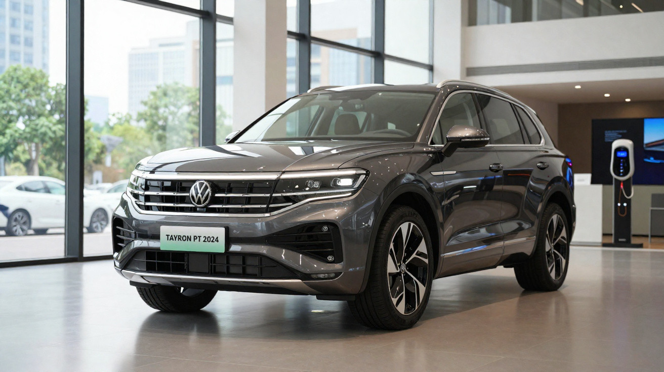 Grauer Volkswagen Tayron PT 2024 SUV steht in einem modernen Autohaus mit großen Fenstern.