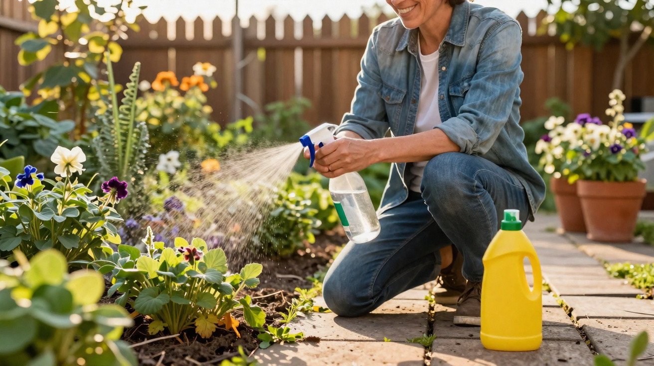 Frau gießt mit Sprühflasche bepflanzte Blumenbeete im Garten an, sonniger Tag, Gartenweg aus Pflastersteinen.
