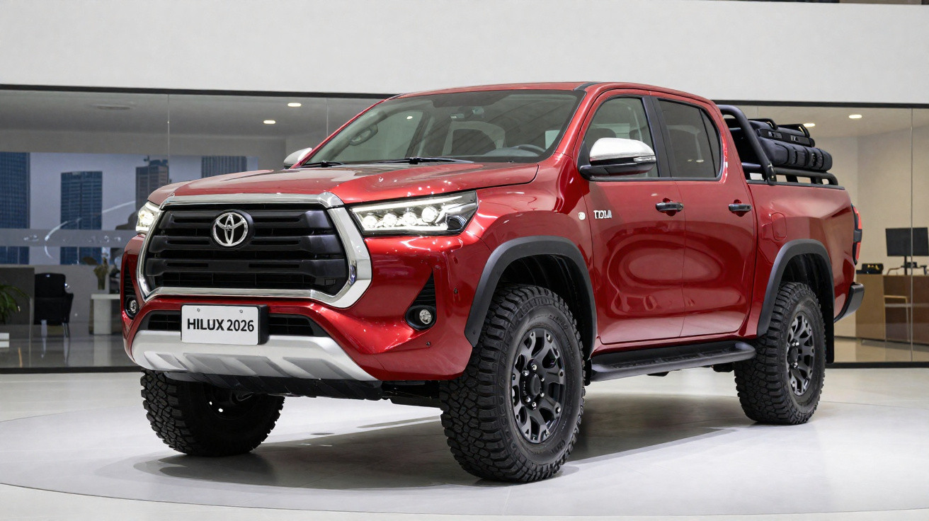 Roter Toyota Hilux 2026 Pickup mit großem Kühlergrill und Offroad-Reifen in moderner Ausstellungshalle.