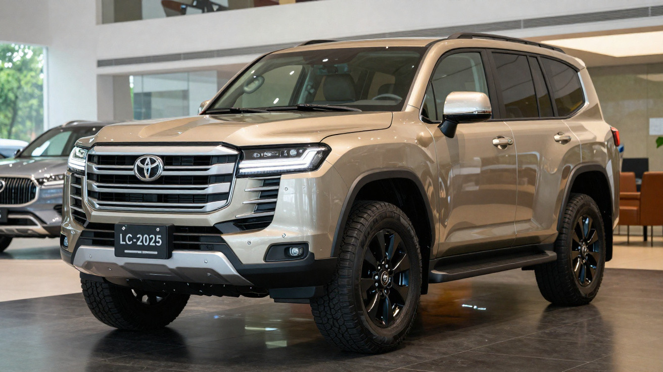 Beiger Toyota Geländewagen LC-2025 in einem modernen Autohaus, frontal rechts aufgenommen.