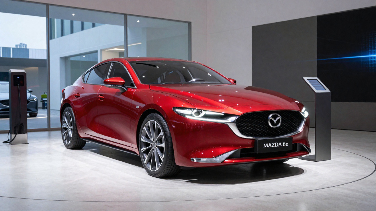 Roter Mazda 6e Elektroauto im Ausstellungsraum neben Ladestation und Informationsdisplay.