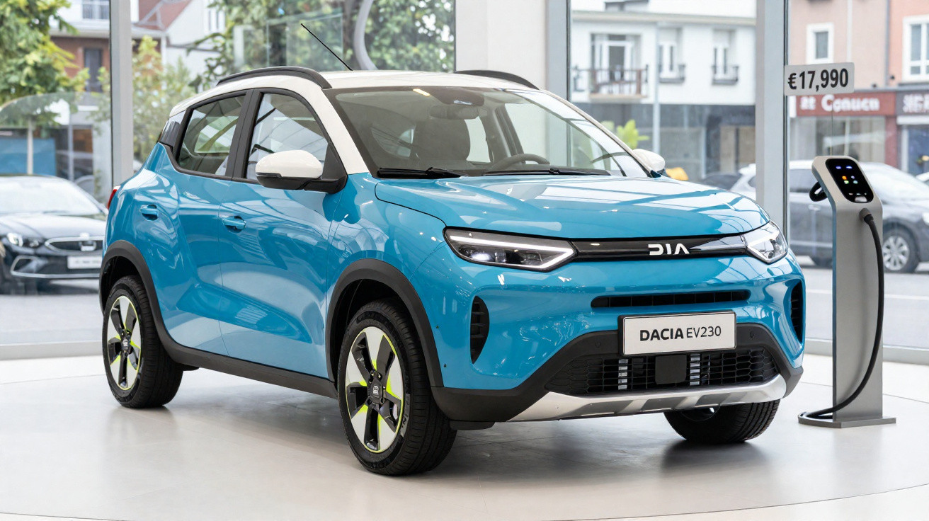Blaues Dacia EV230 Elektroauto in einem Autohaus neben einer Ladestation.