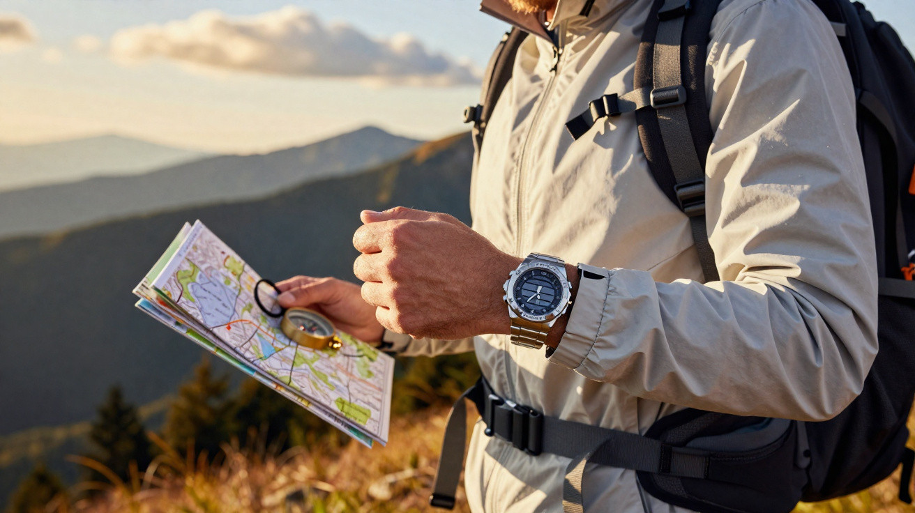 Mann in Outdoorjacke mit Rucksack liest Karte und hält Kompass in sonniger Berglandschaft.