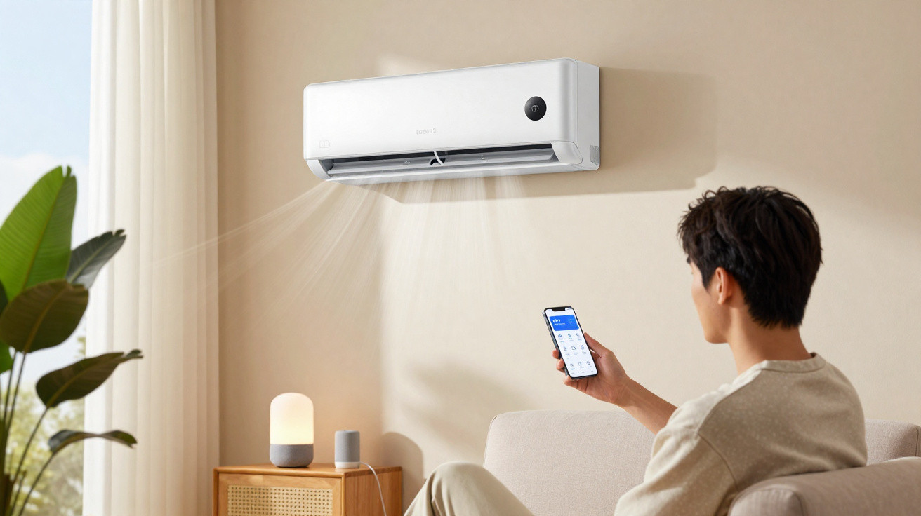 Mann steuert Klimaanlage an der Wand mit Smartphone in modernem Wohnzimmer mit Pflanzen und Lampe.