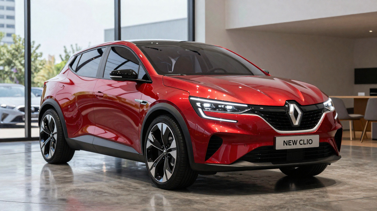 Roter Renault New Clio in moderner Ausstellungshalle mit großen Fenstern und glänzendem Boden.