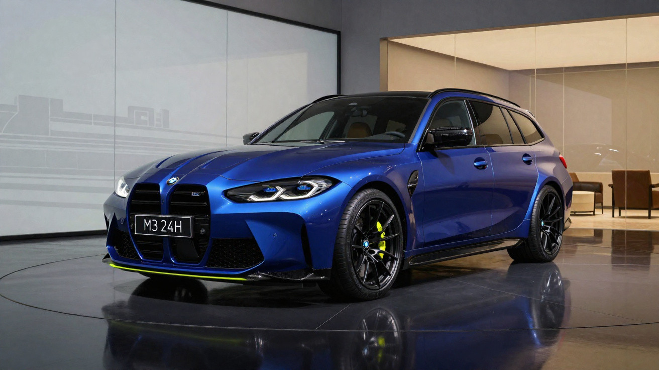 Blauer BMW M3 Touring mit schwarzem Kühlergrill und gelben Bremsen, präsentiert in modernem Showroom.